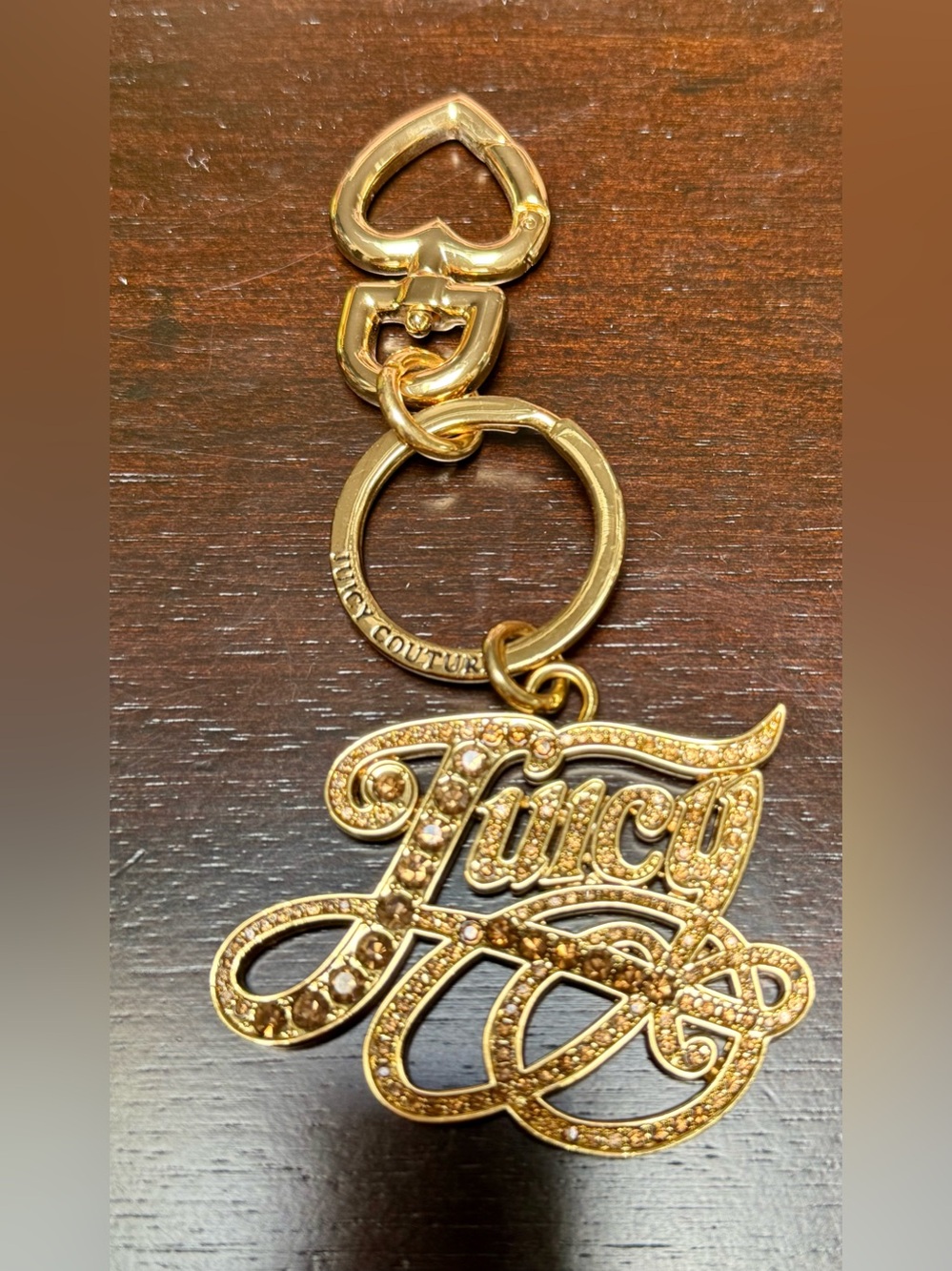 Juicy Couture Gold Script Logo Keychain with Heart Charm